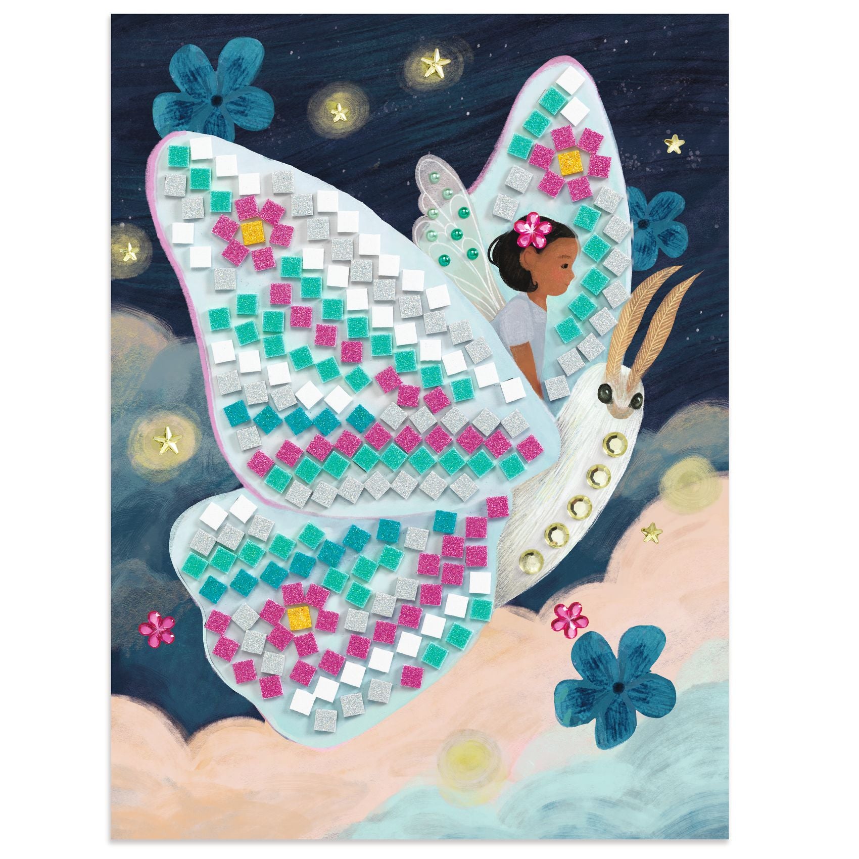 Butterfly-shaped mosaic art with a child inside, set against a starry night sky.