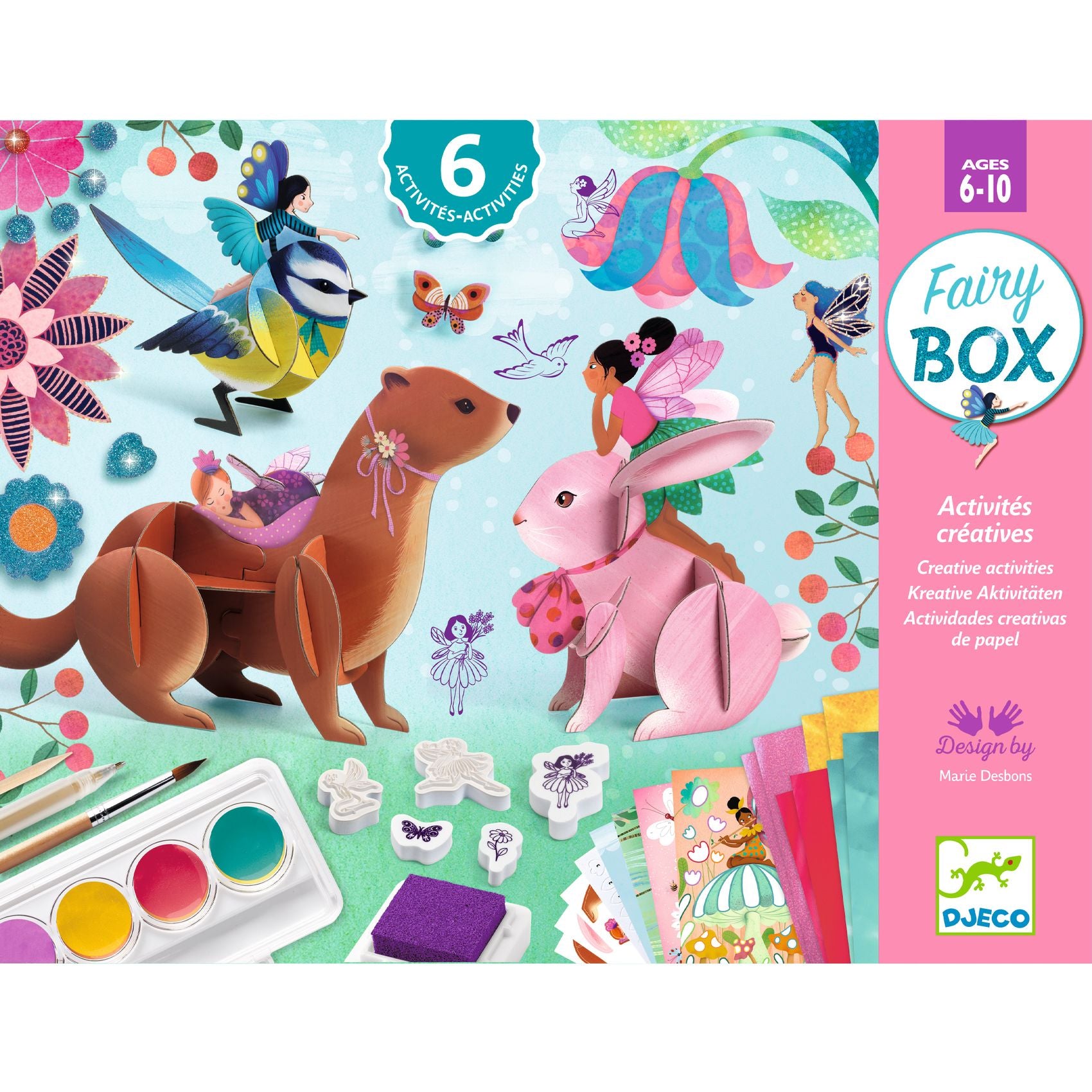 Fairy-themed craft box with activities for ages 6-10, featuring animals and fairies on a colorful background.
