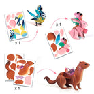 Cardboard animal models with stickers and a completed cardboard animal on a white background