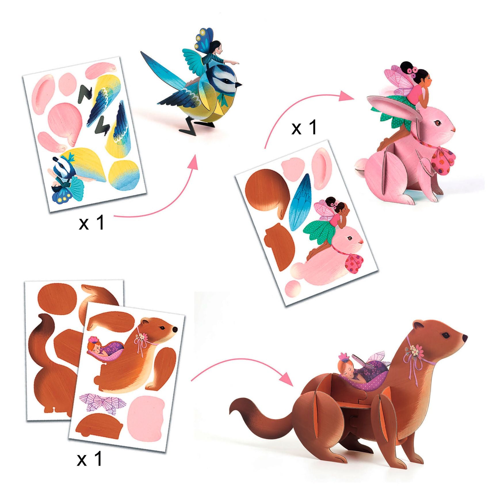 Cardboard animal models with stickers and a completed cardboard animal on a white background