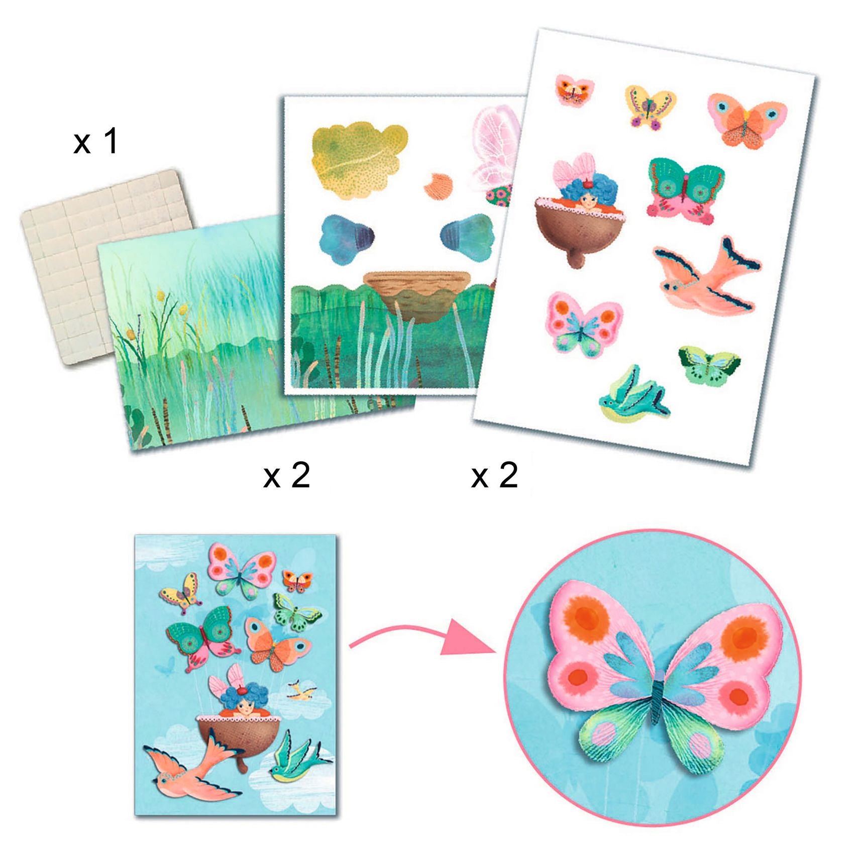 Set of butterfly-themed stickers with a close-up of a pink butterfly on a white background.