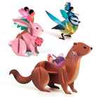 Illustrations of fairy characters riding on animal toys including a rabbit, bird, and kangaroo.
