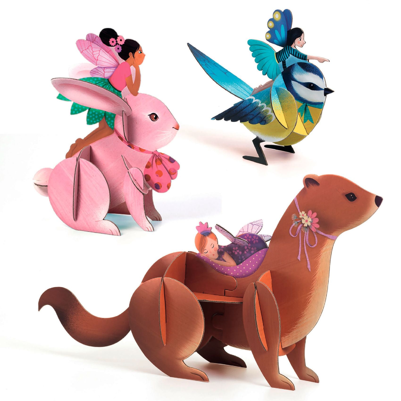 Illustrations of fairy characters riding on animal toys including a rabbit, bird, and kangaroo.