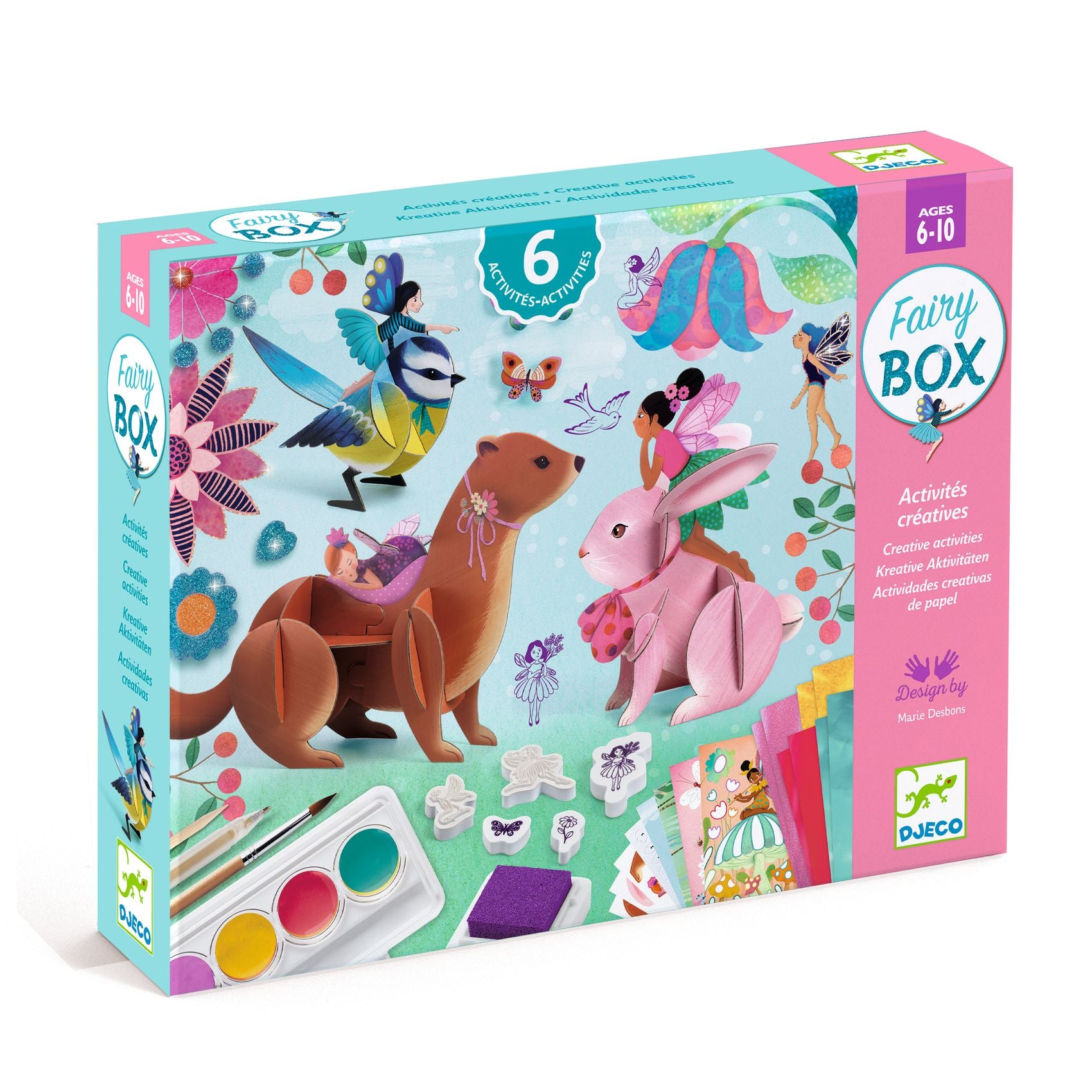 Fairy-themed craft box with animals and fairy designs on a white background