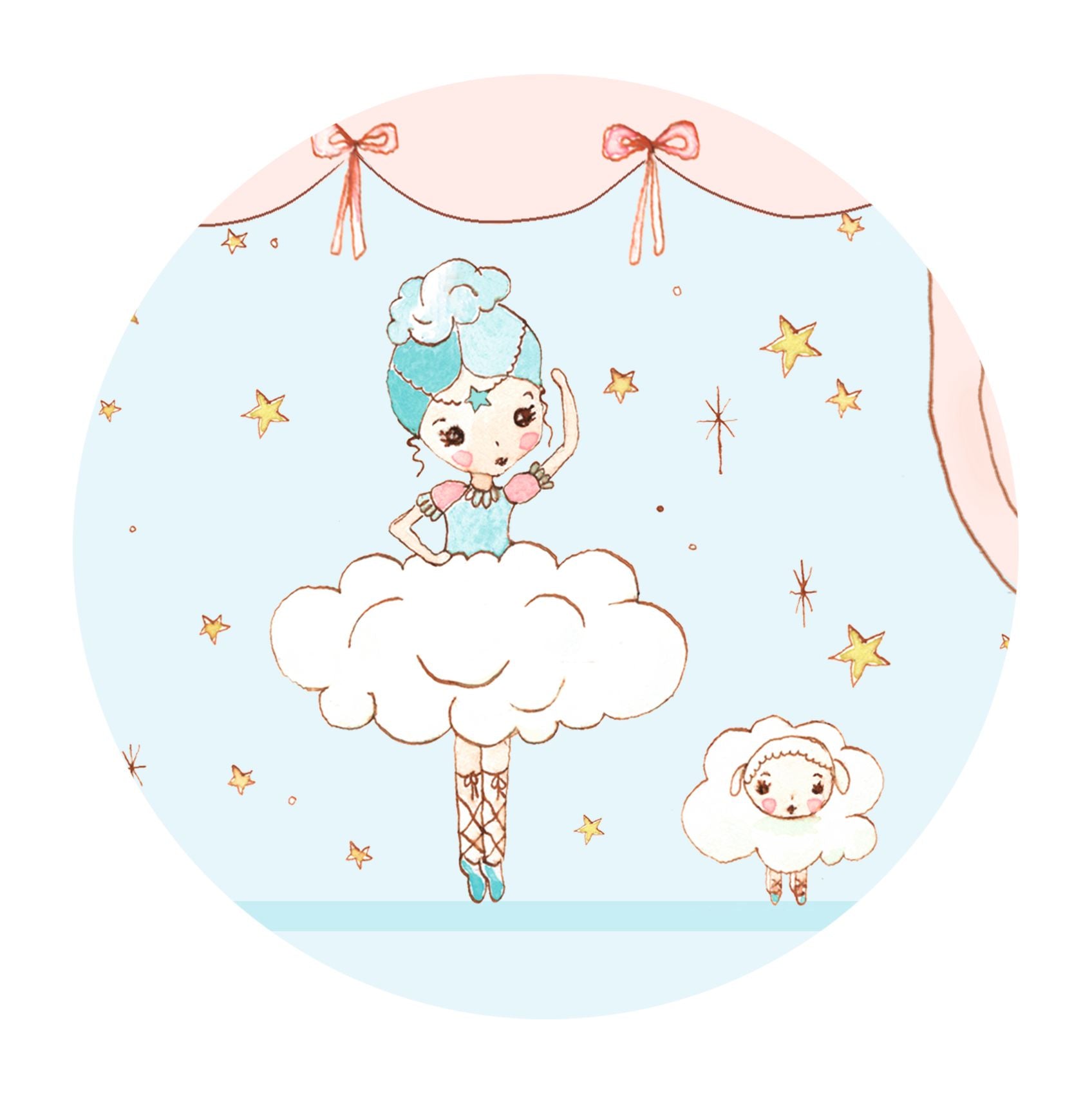 Illustration of a ballerina with stars and a sheep in the background