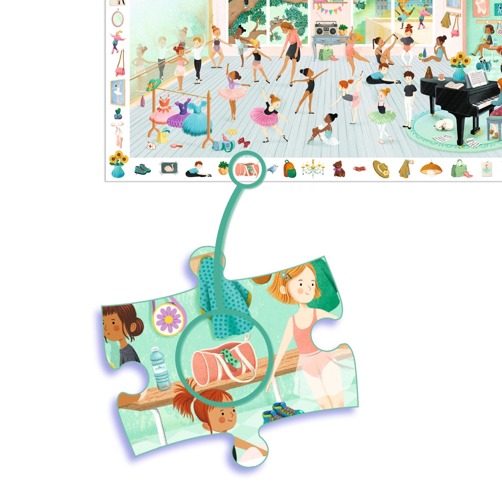 Children's jigsaw puzzle with a ballet theme, featuring a piece with a girl in a tutu.