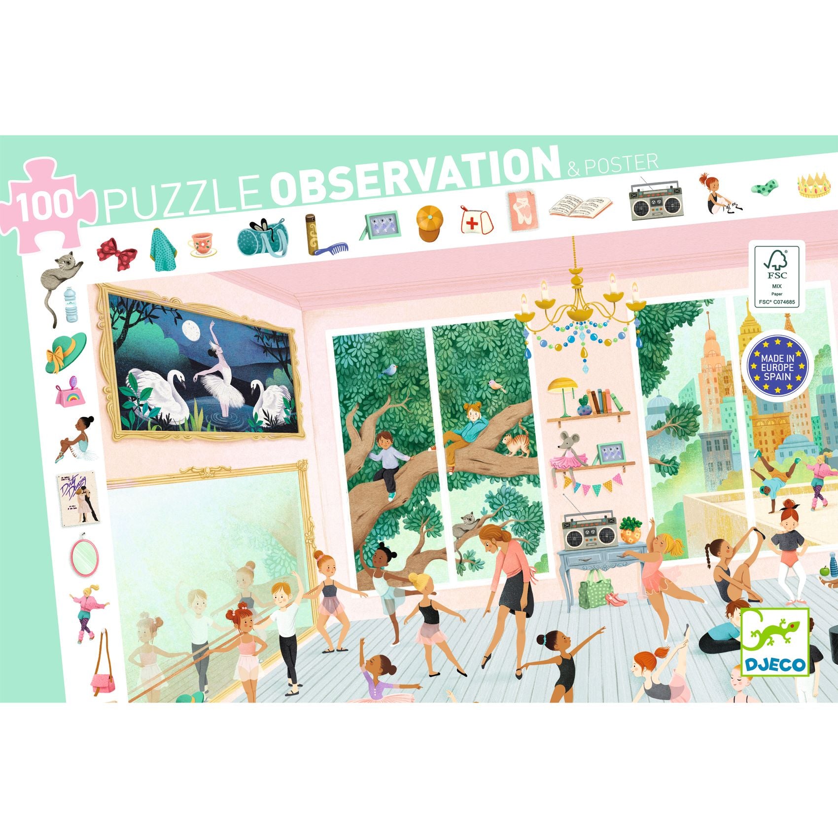 Puzzle packaging with illustrations of children in a ballet class, featuring the brand 'Djeco'.