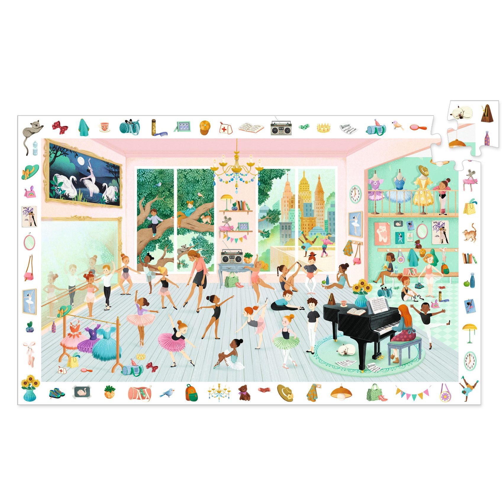 Illustration of a dance studio with dancers and a piano