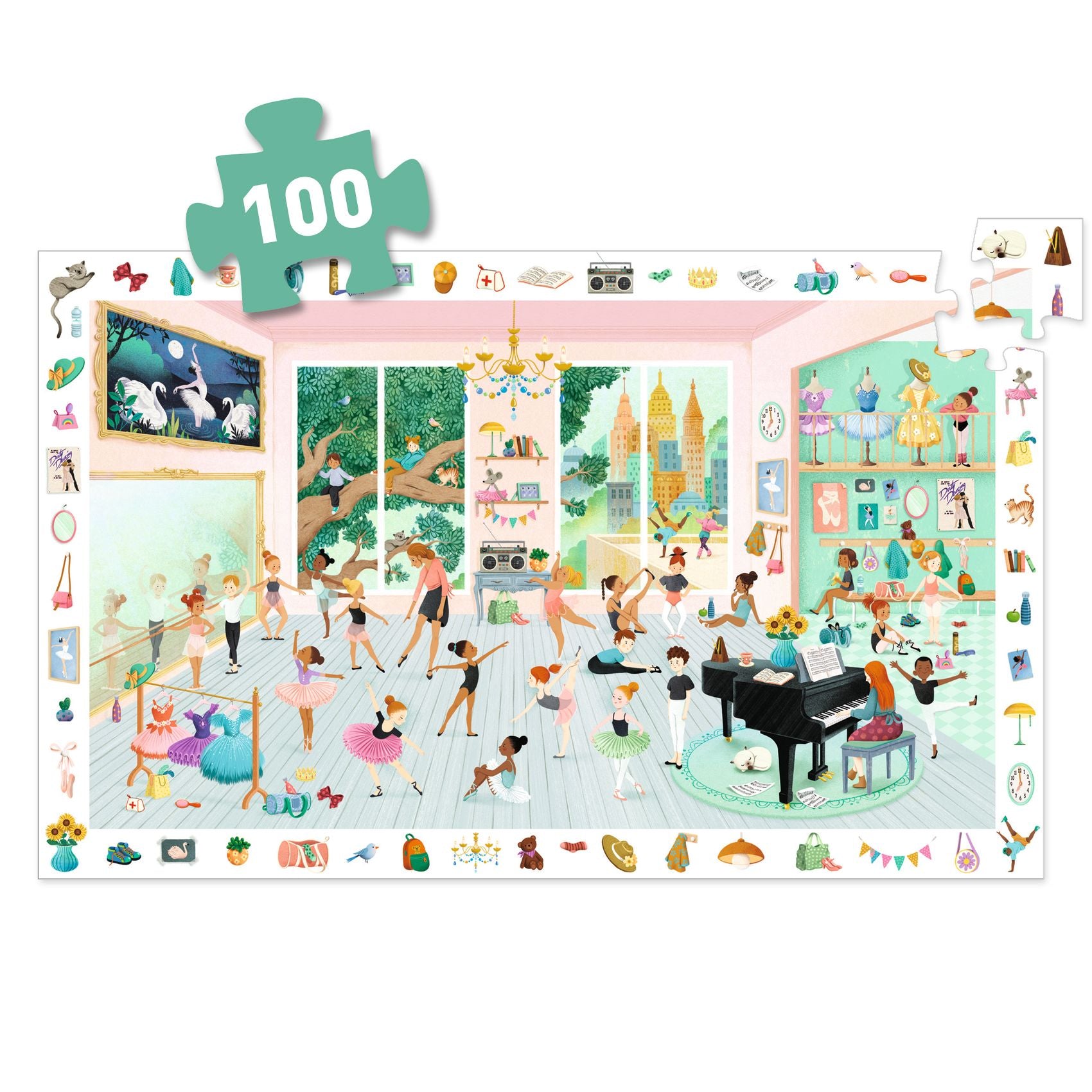Jigsaw puzzle with a colorful illustration of a dance studio and 100 piece count label.
