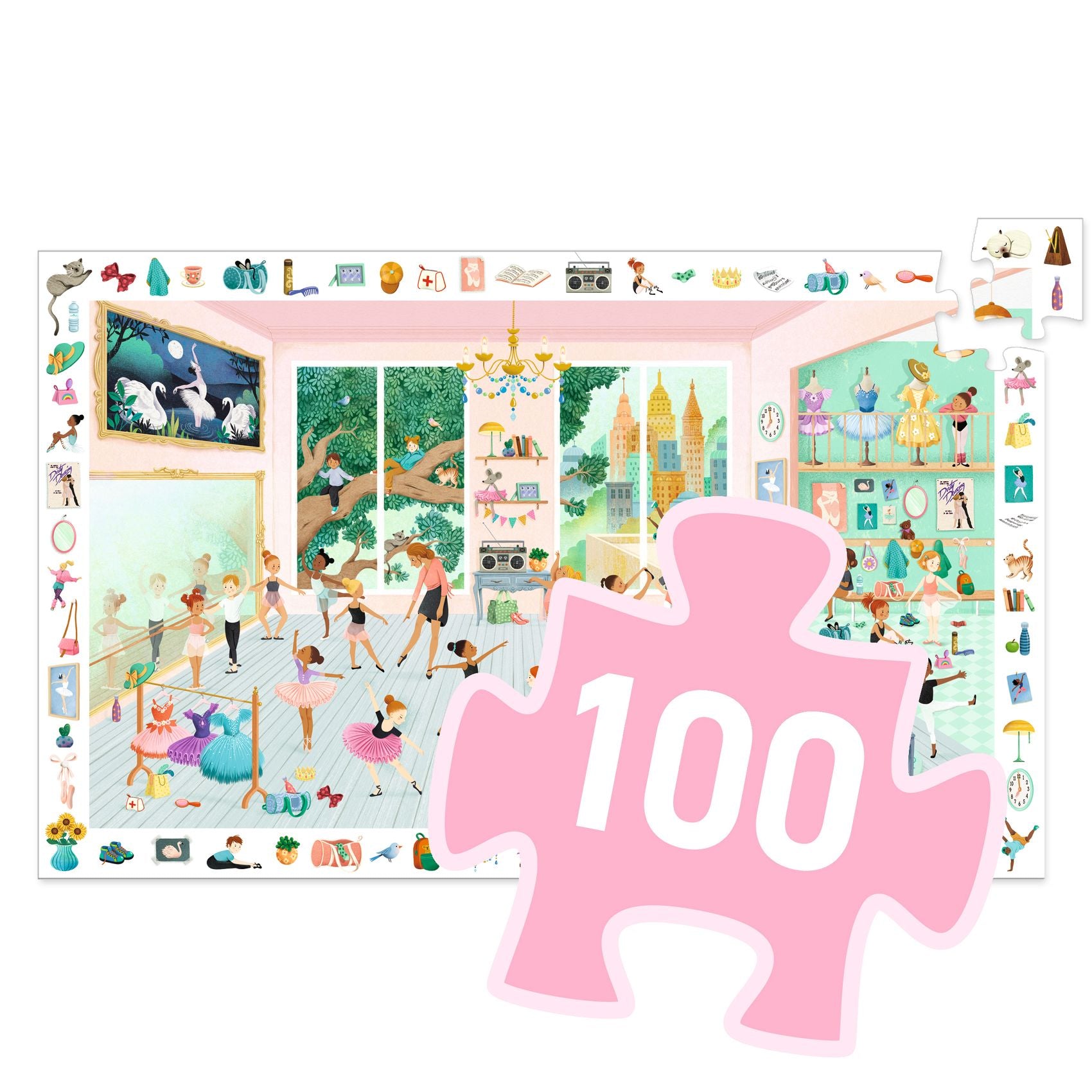 Jigsaw puzzle with a pink piece displaying the number 100, set against a colorful background of a ballet studio.