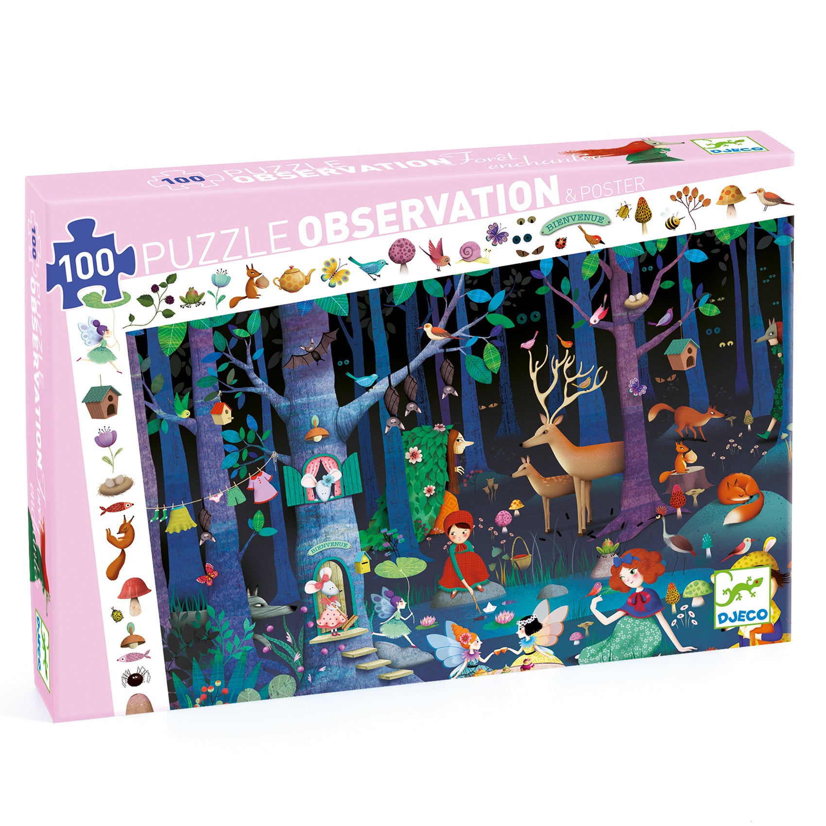 jigsaw Puzzle box with forest-themed illustration and pink border