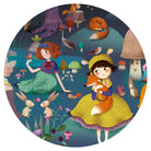 Illustration of a girl holding a fox surrounded by forest animals and plants on a circular background.