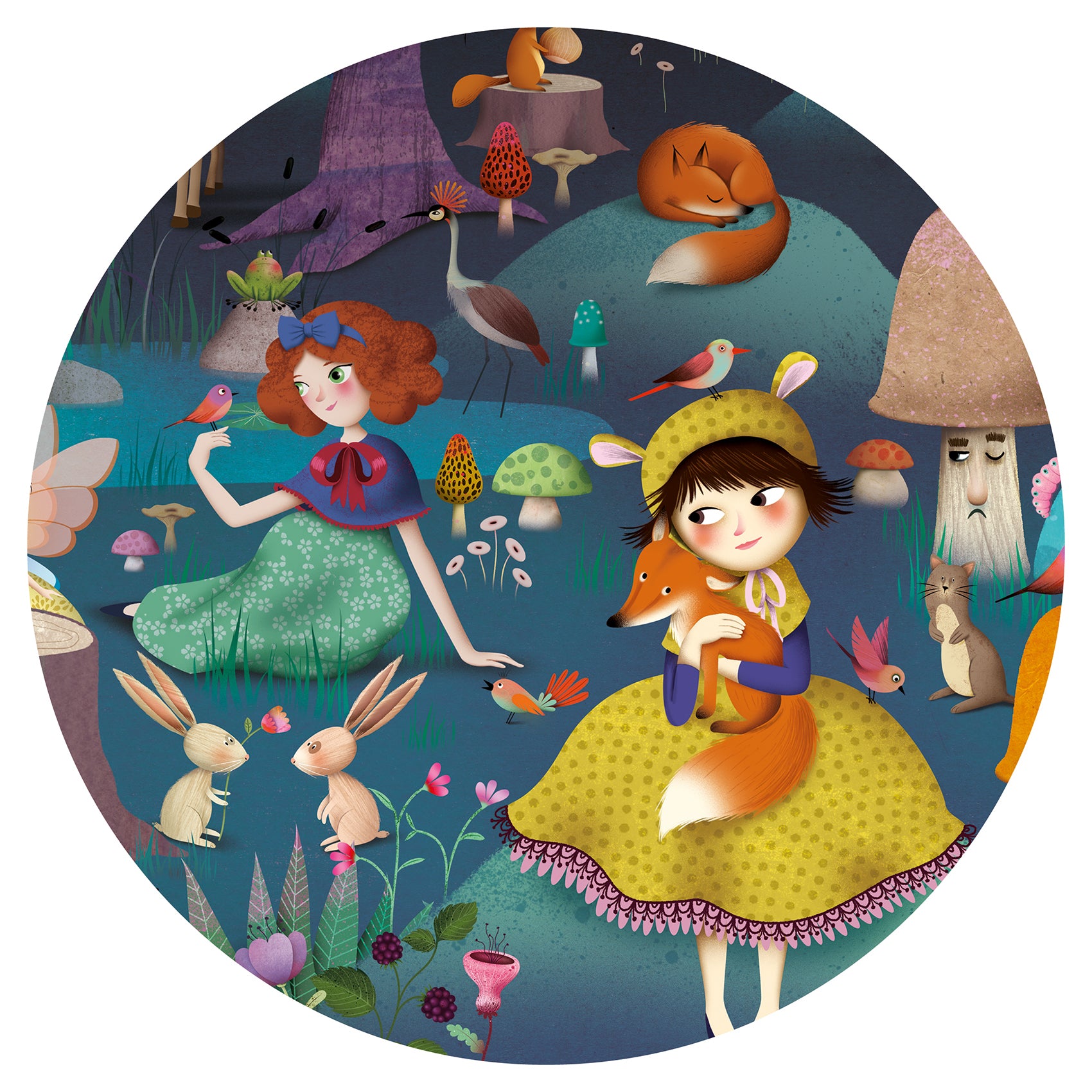 Illustration of a girl holding a fox surrounded by forest animals and plants on a circular background.
