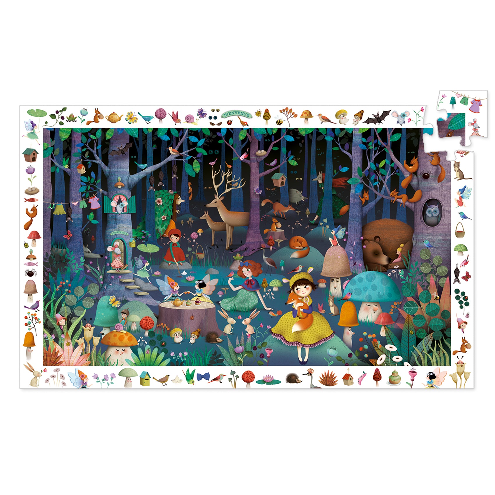 Illustrated forest scene with fairy tale characters and creatures on a white background