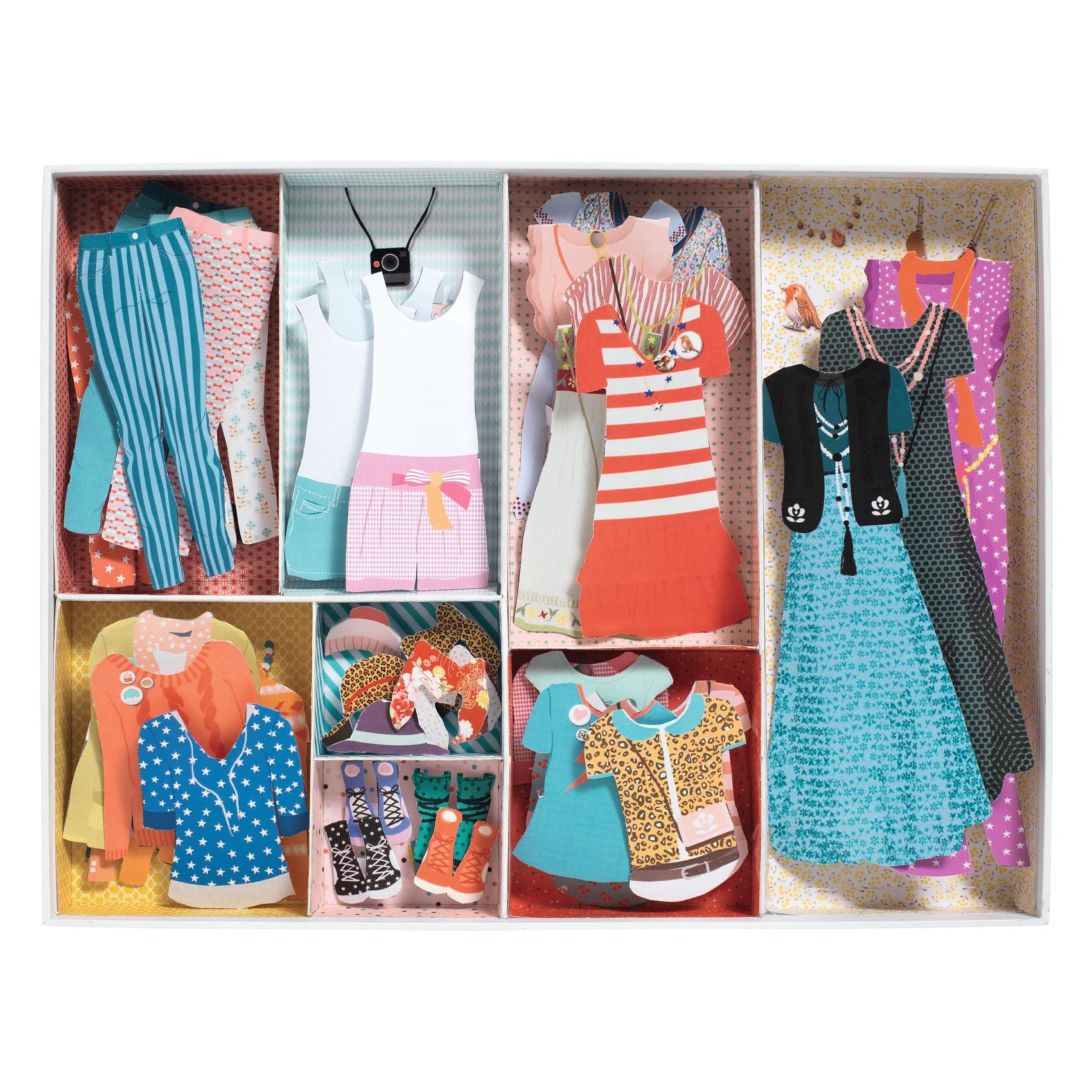 Set of colorful Djeco paper dolls with various outfits in a box