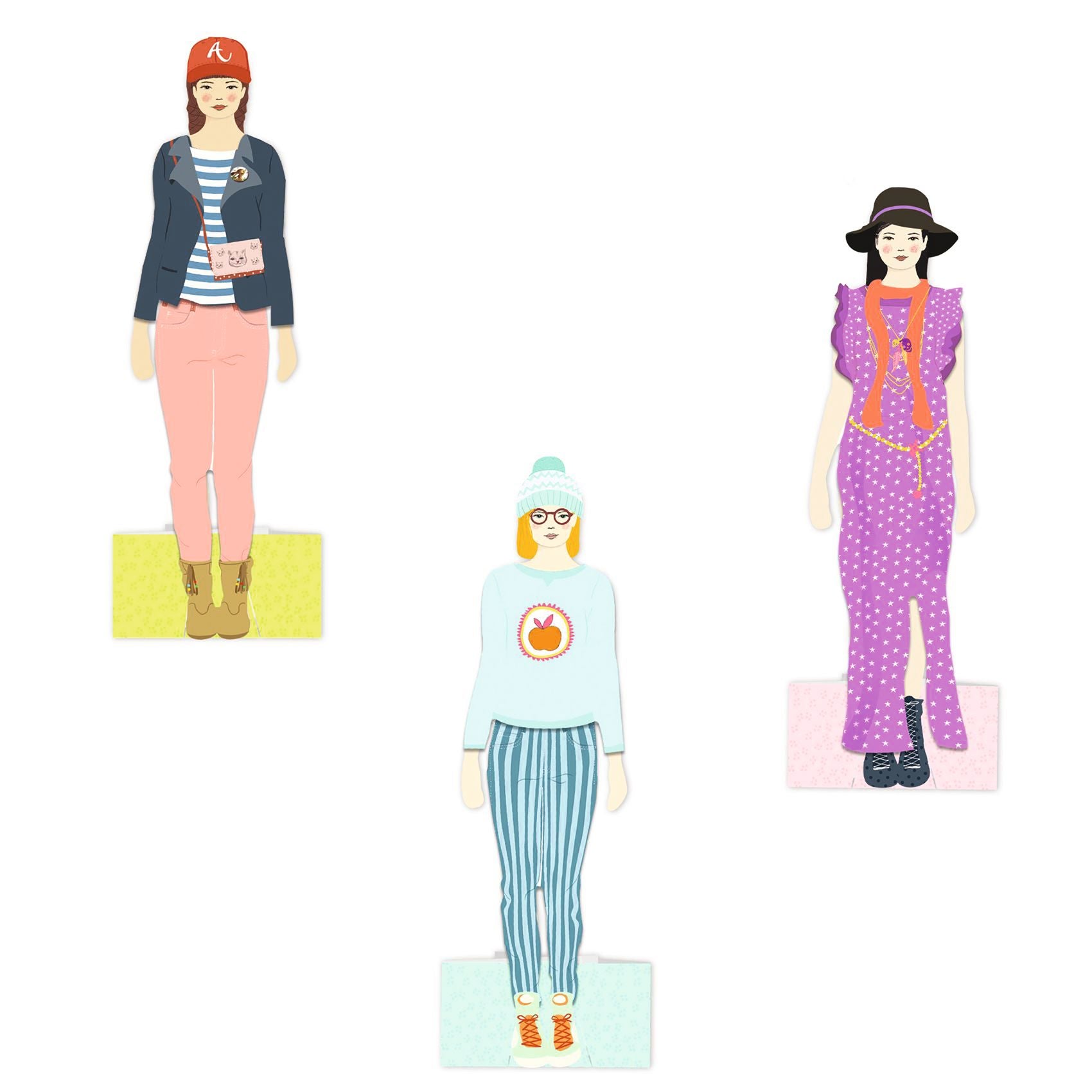 Three paper dolls with different outfits on a white background