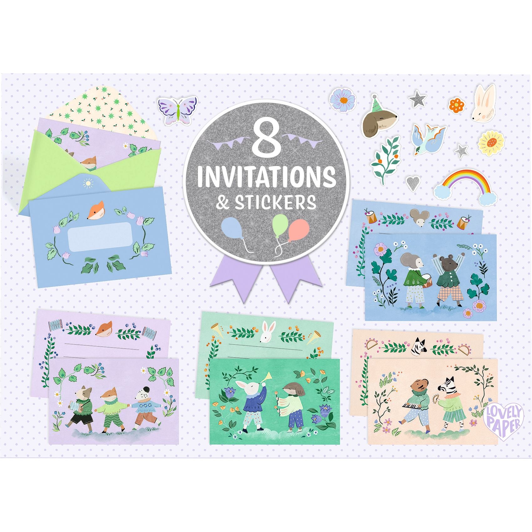 Set of invitations and stickers with illustrations on a white background