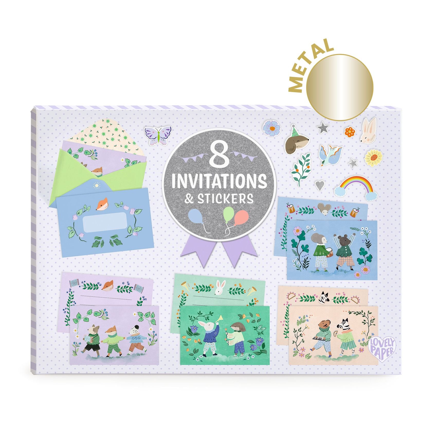 Box of invitations and stickers with illustrations on a white background