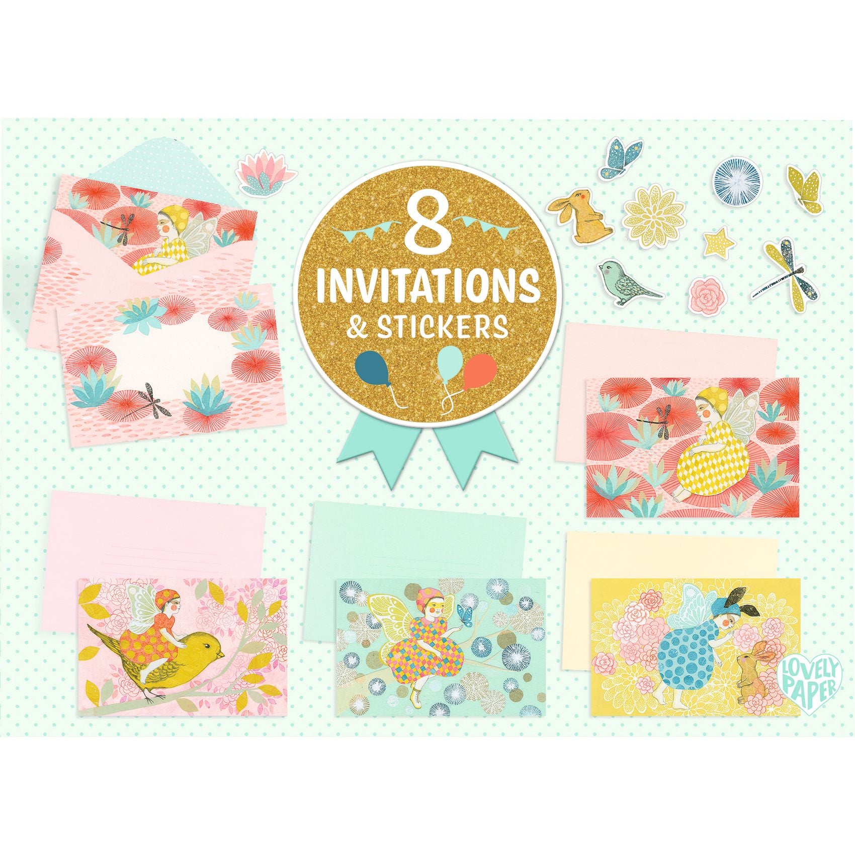 Djeco Animal Fanfare Party Invitations & Stickers | Kids Party - Yoyo & Flo