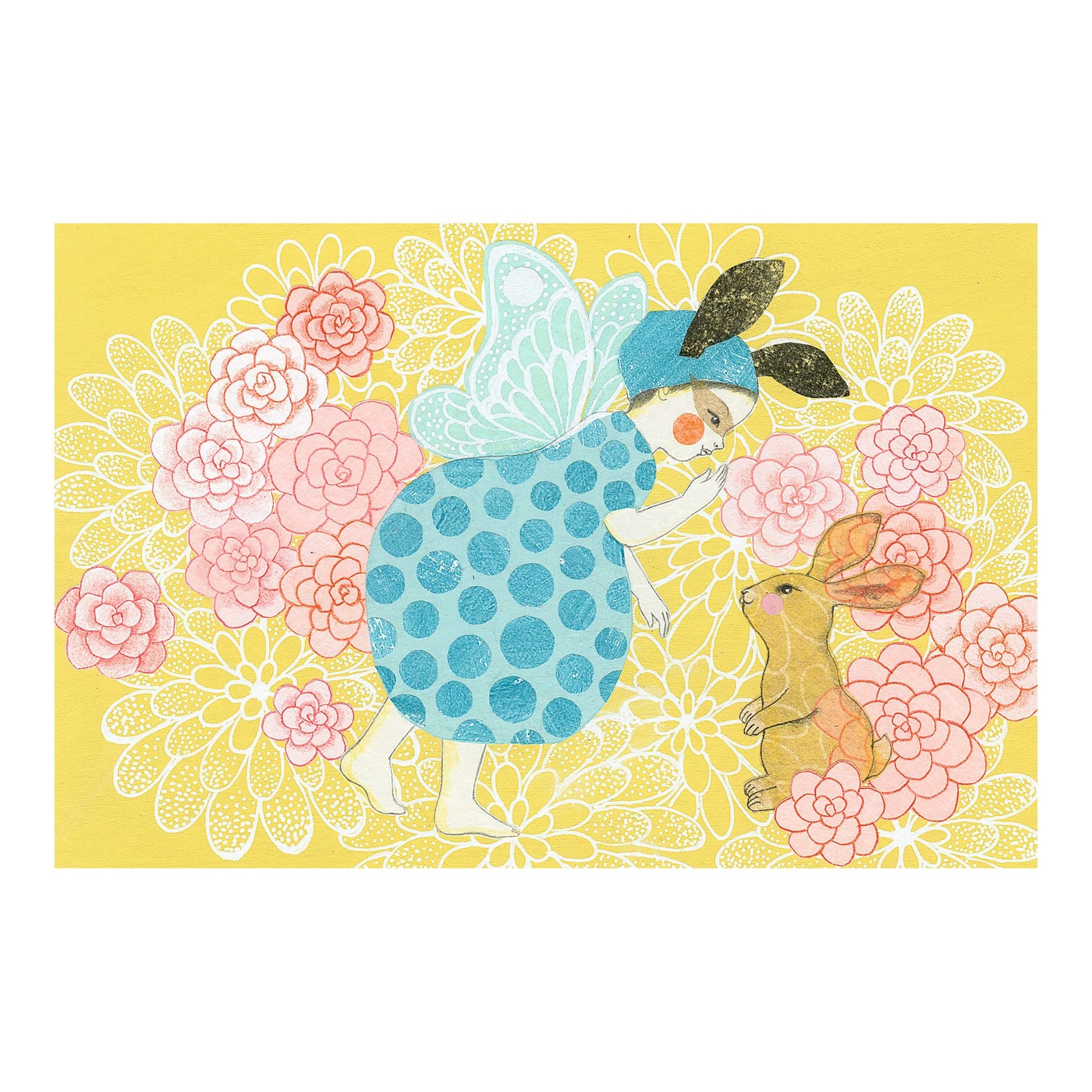 Illustration of a rabbit peeking out from behind a blue polka dot egg with another rabbit and flowers on a yellow background.