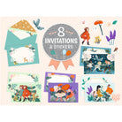 Set of invitations and stickers with colorful designs on a patterned background