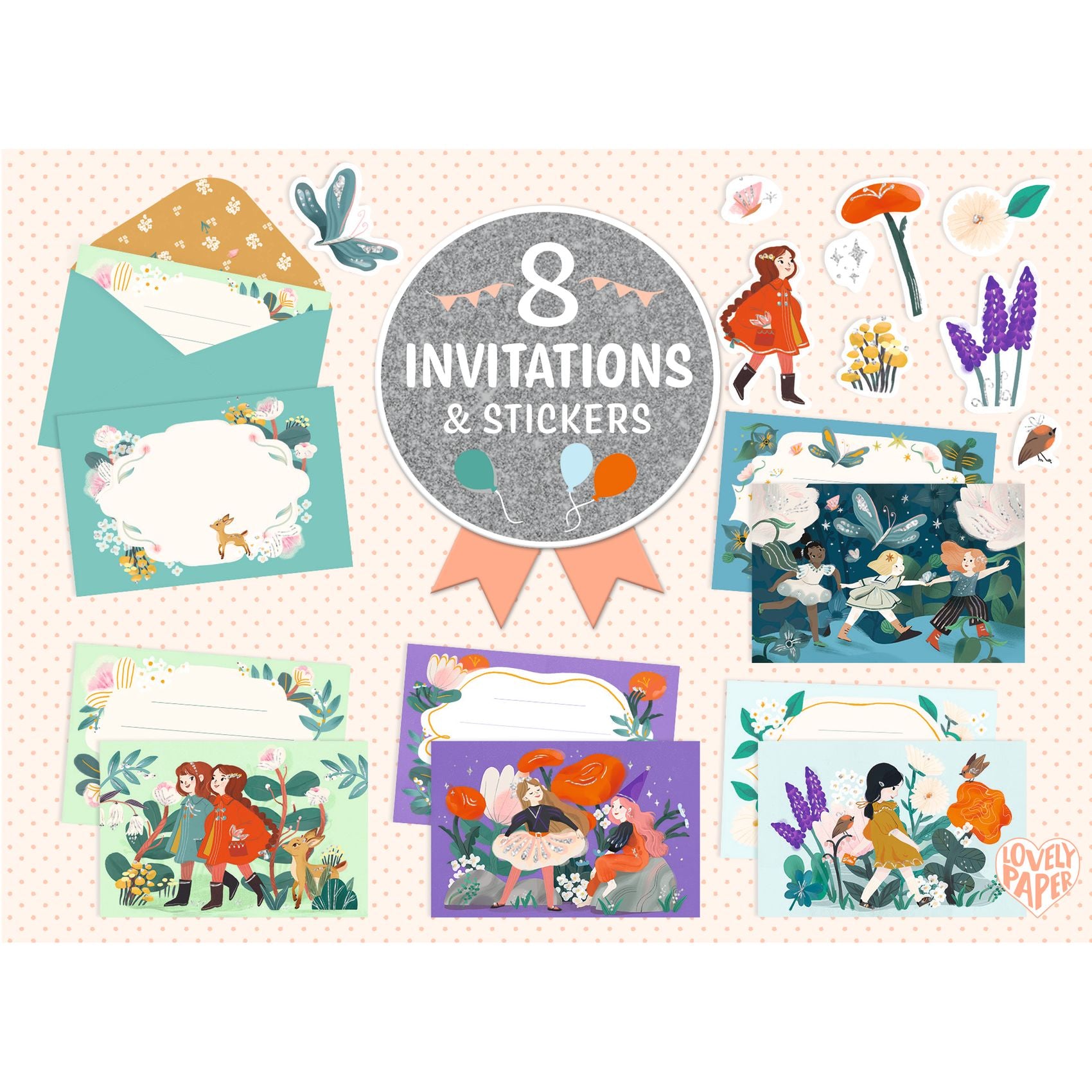 Set of invitations and stickers with colorful designs on a patterned background