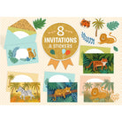 Jungle-themed invitations and stickers set with animals and nature elements on a beige background.