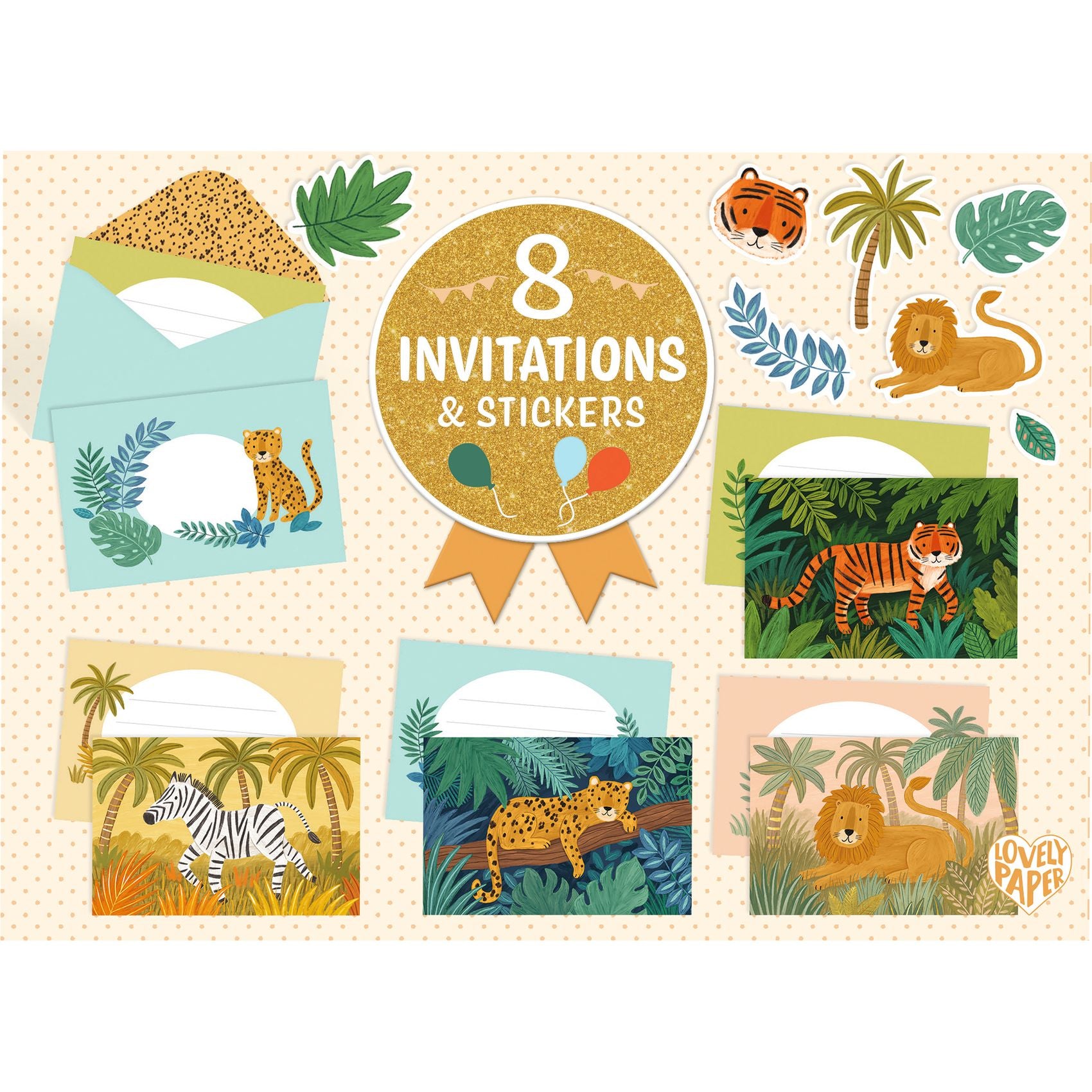 Jungle-themed invitations and stickers set with animals and nature elements on a beige background.
