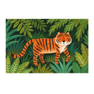 Illustration of a tiger in a jungle setting with green leaves on a dark green background