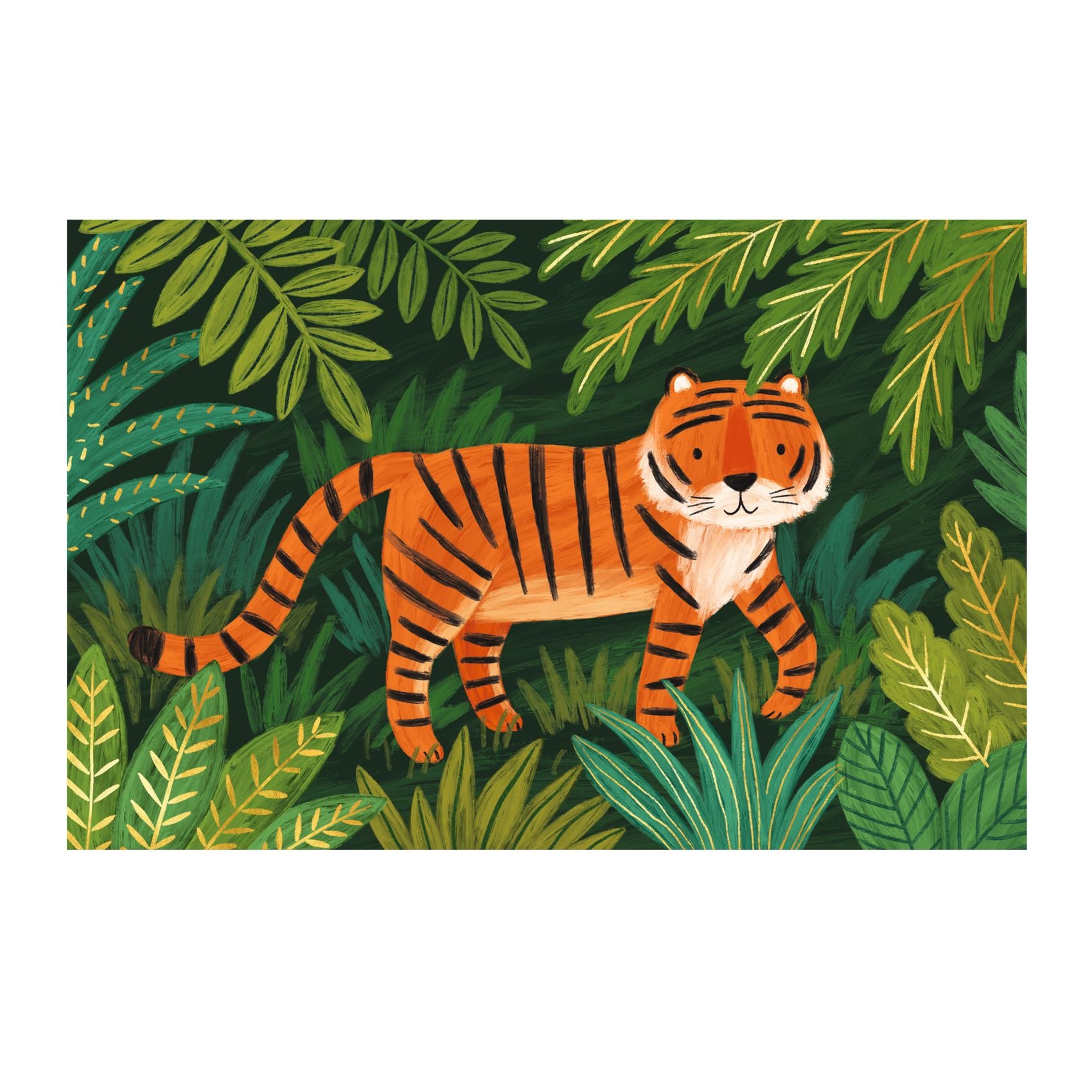 Illustration of a tiger in a jungle setting with green leaves on a dark green background
