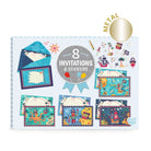 Box of 8 invitations and stickers with pirate-themed designs on a white background