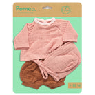 Baby outfit set with pink top and brown pants on Pomea packaging