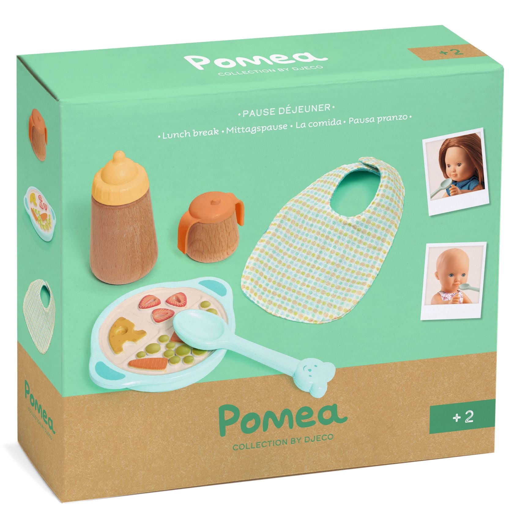 Pomea toy set packaging with a bib, bottle, and plate on a green and brown background.