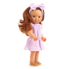 Doll with brown hair and a purple dress on a white background