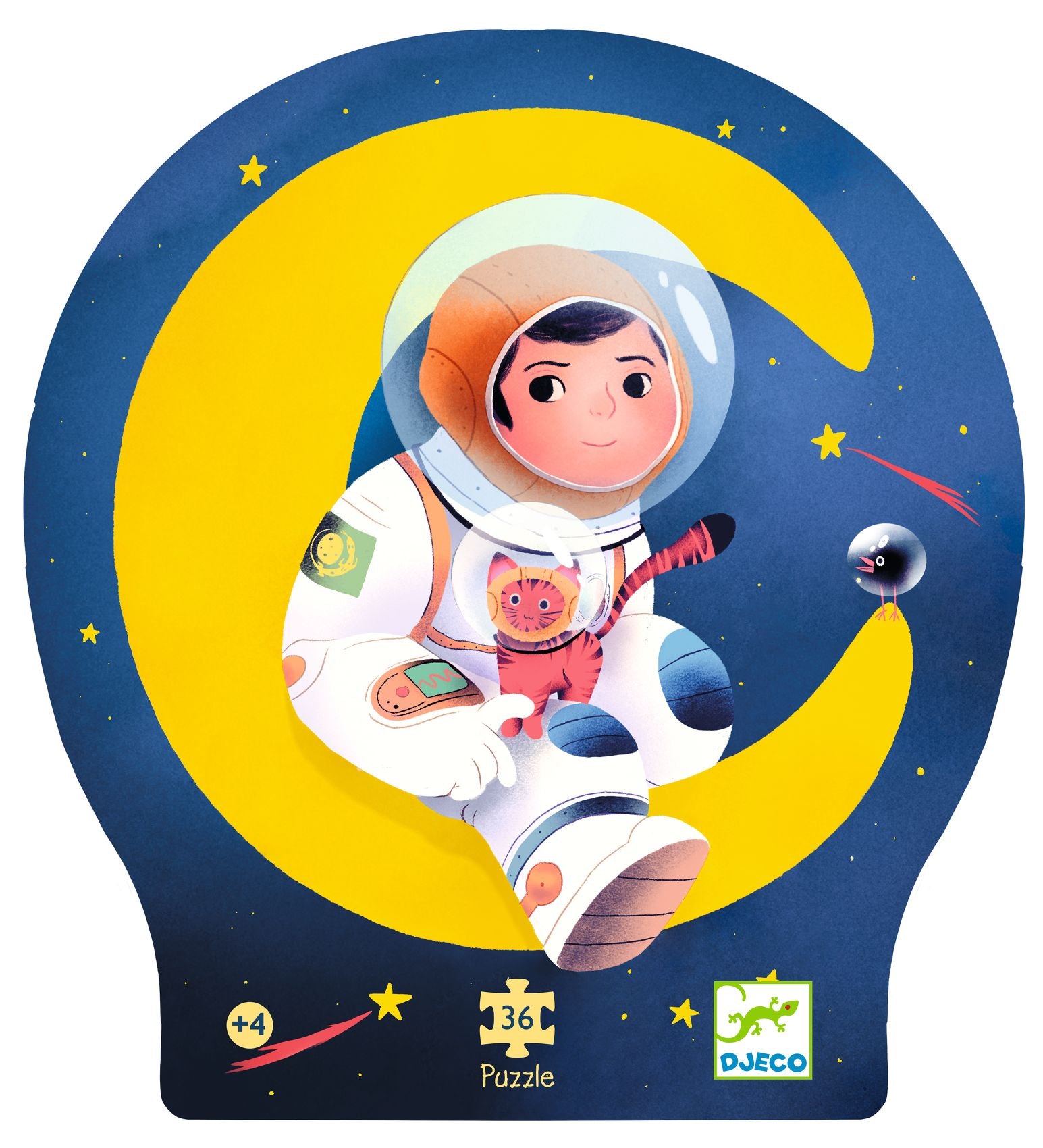 Illustration of an astronaut on a moon with stars and space elements, featuring the Djeco brand.
