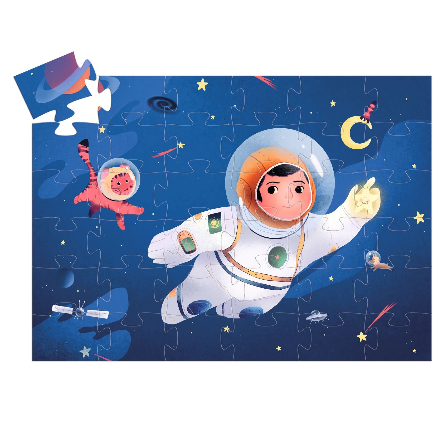 Children's puzzle with an astronaut design on a blue space-themed background