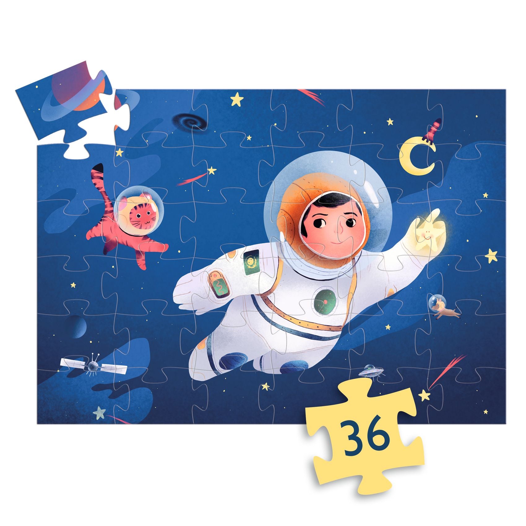 Children's jigsaw puzzle with an astronaut theme, featuring a completed section and a piece labeled '36'.