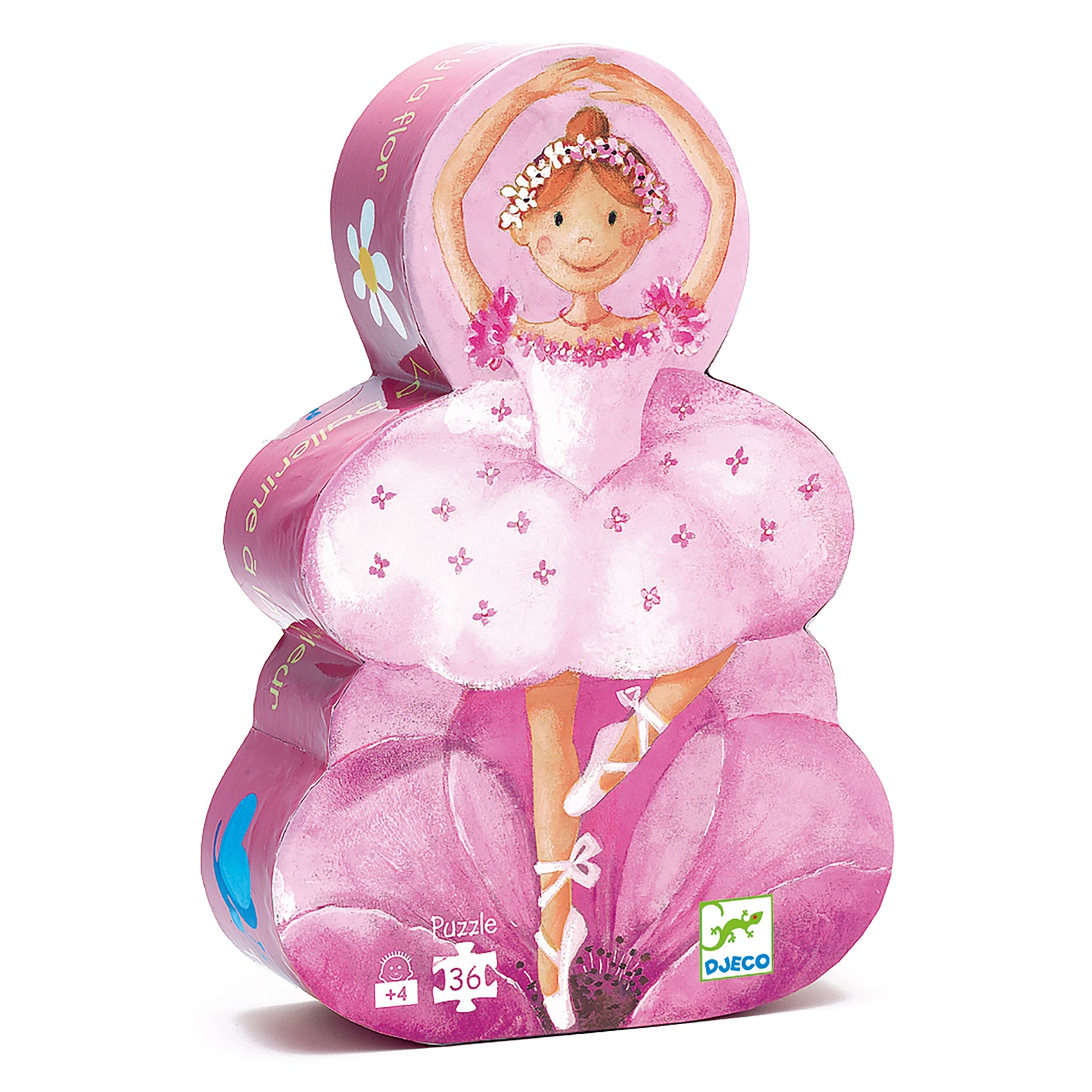 Pink puzzle packaging with a ballerina design on a white background
