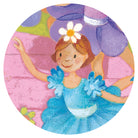 Colorful illustration of a fairy with a blue dress and flower in a circular frame