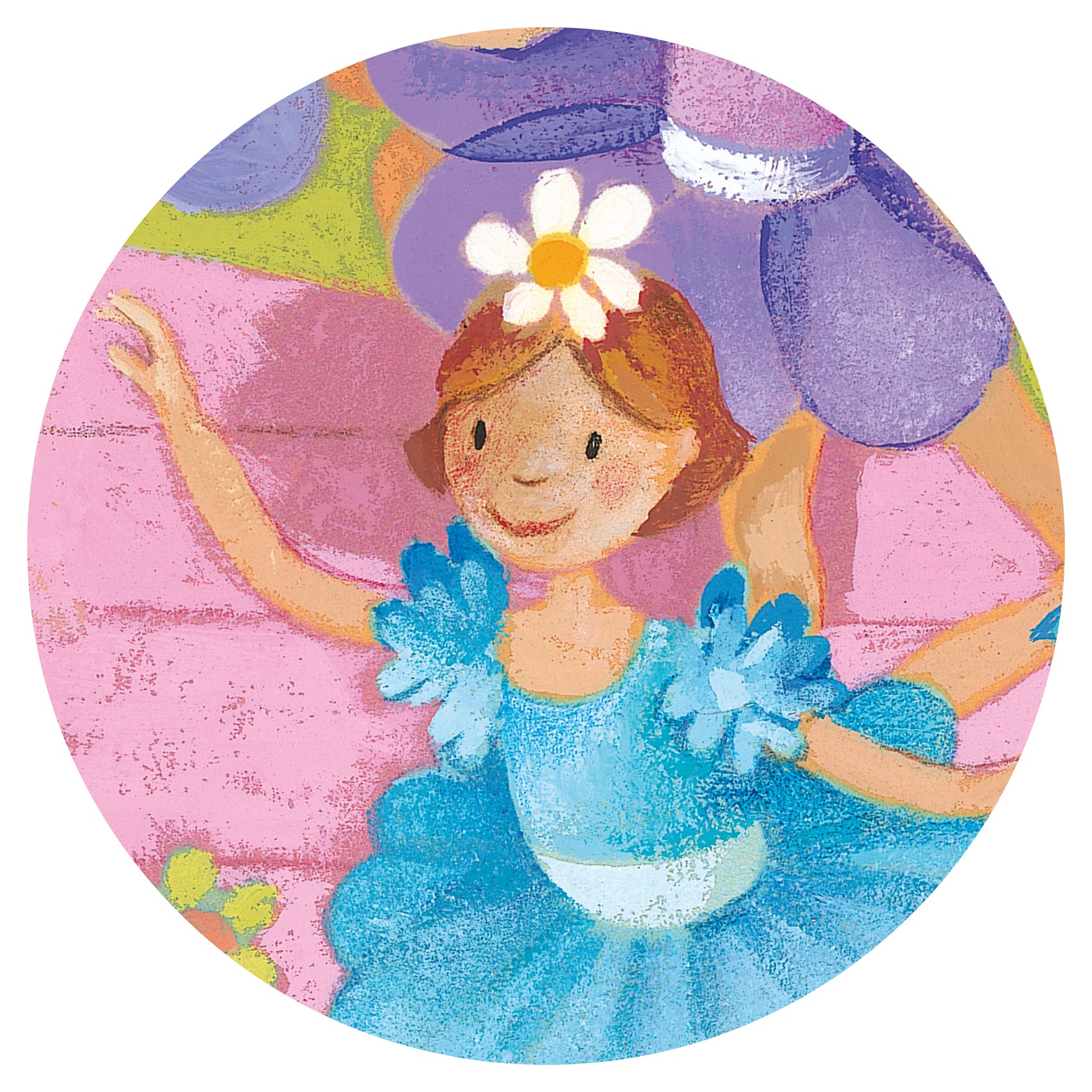 Colorful illustration of a fairy with a blue dress and flower in a circular frame