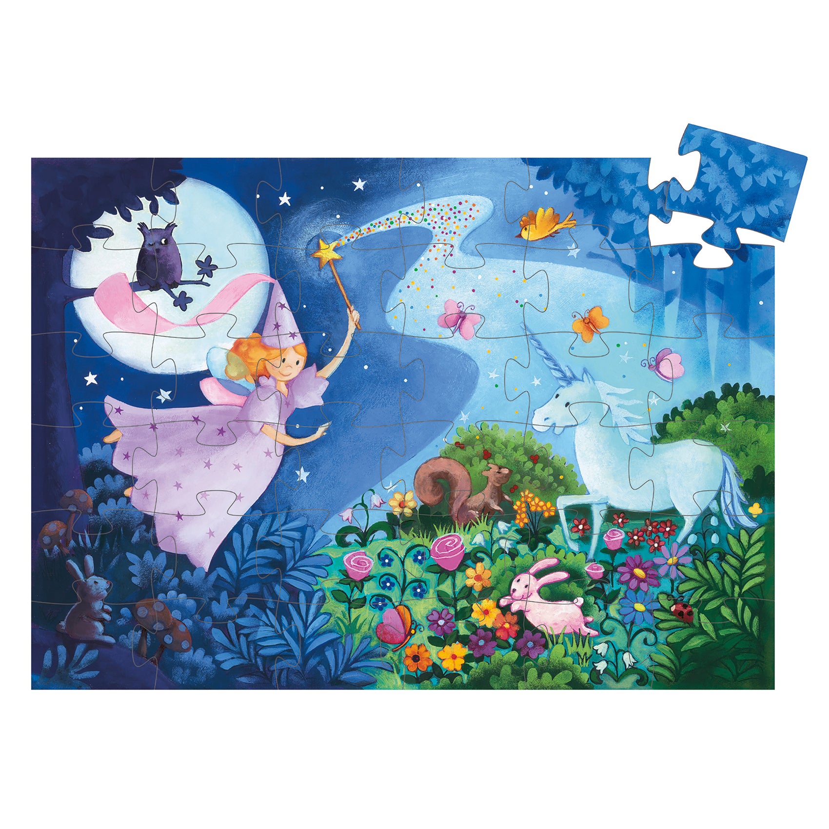 Children's puzzle with fairy, unicorn, and forest animals on a blue background