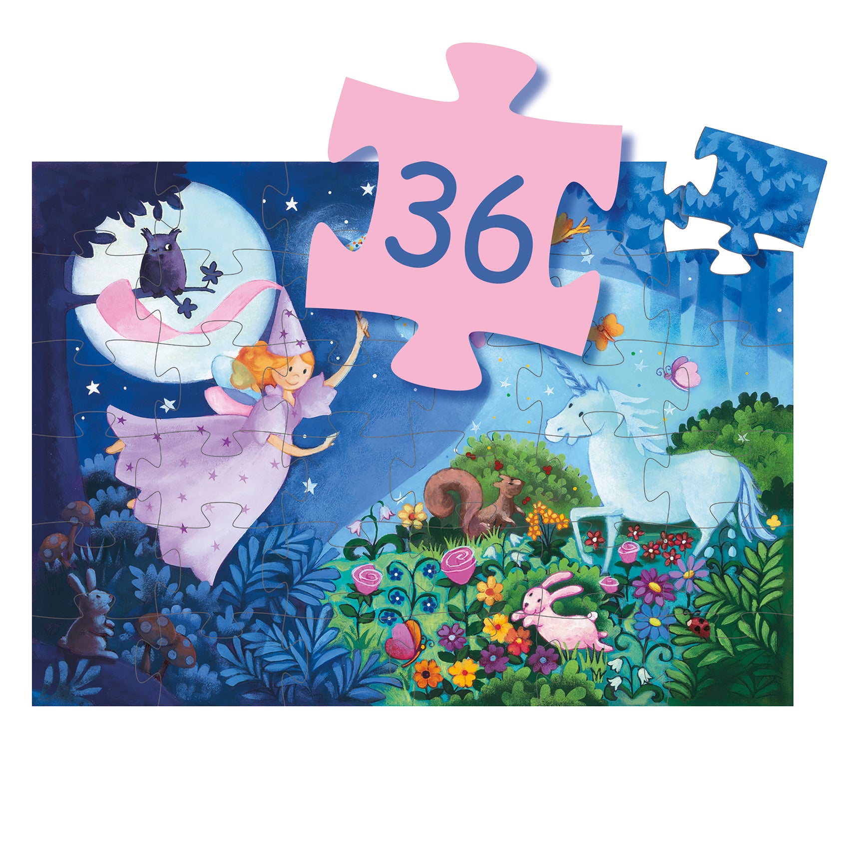 Children's puzzle with fairy, unicorn, and nature-themed pieces on a blue background