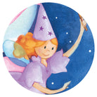 Illustration of a fairy with a purple hat and dress against a blue background