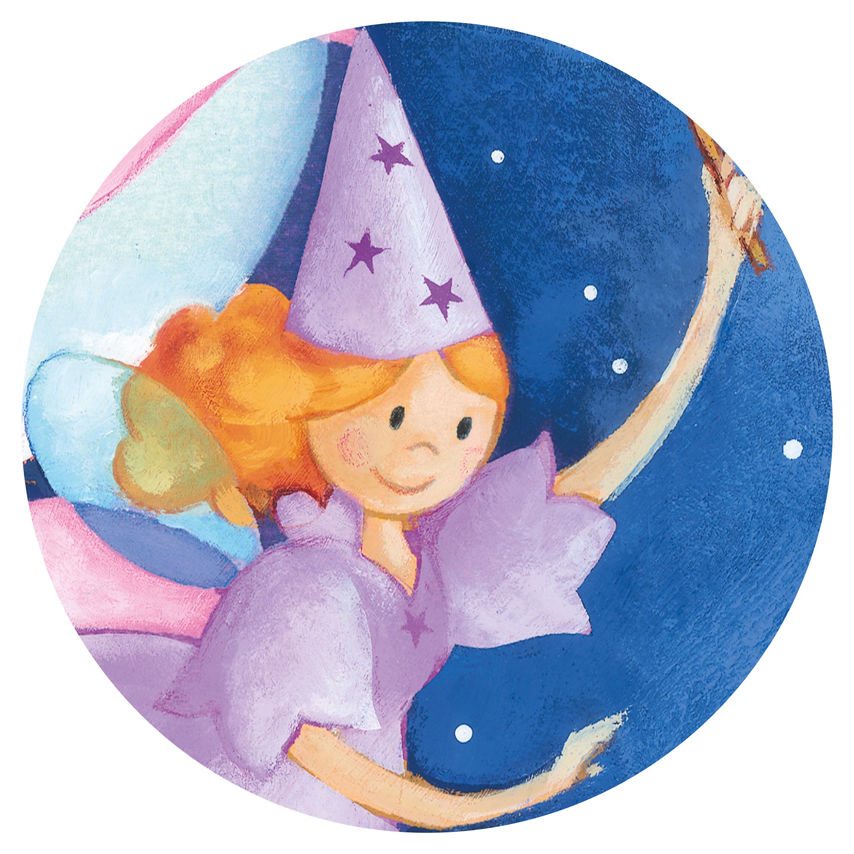 Illustration of a fairy with a purple hat and dress against a blue background