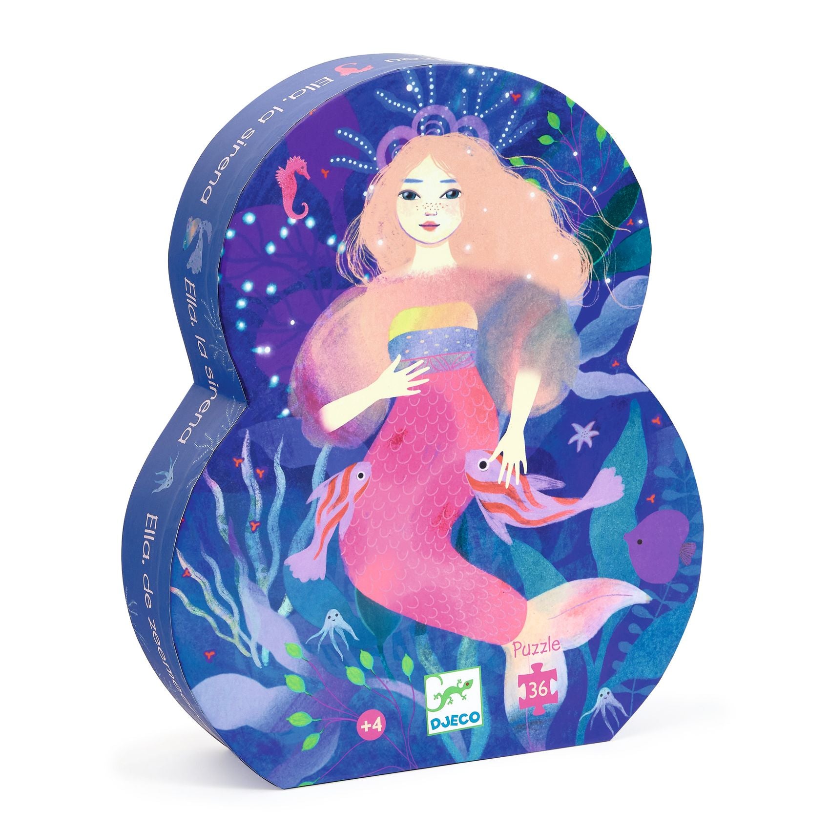 Mermaid puzzle packaging with colorful design on a white background