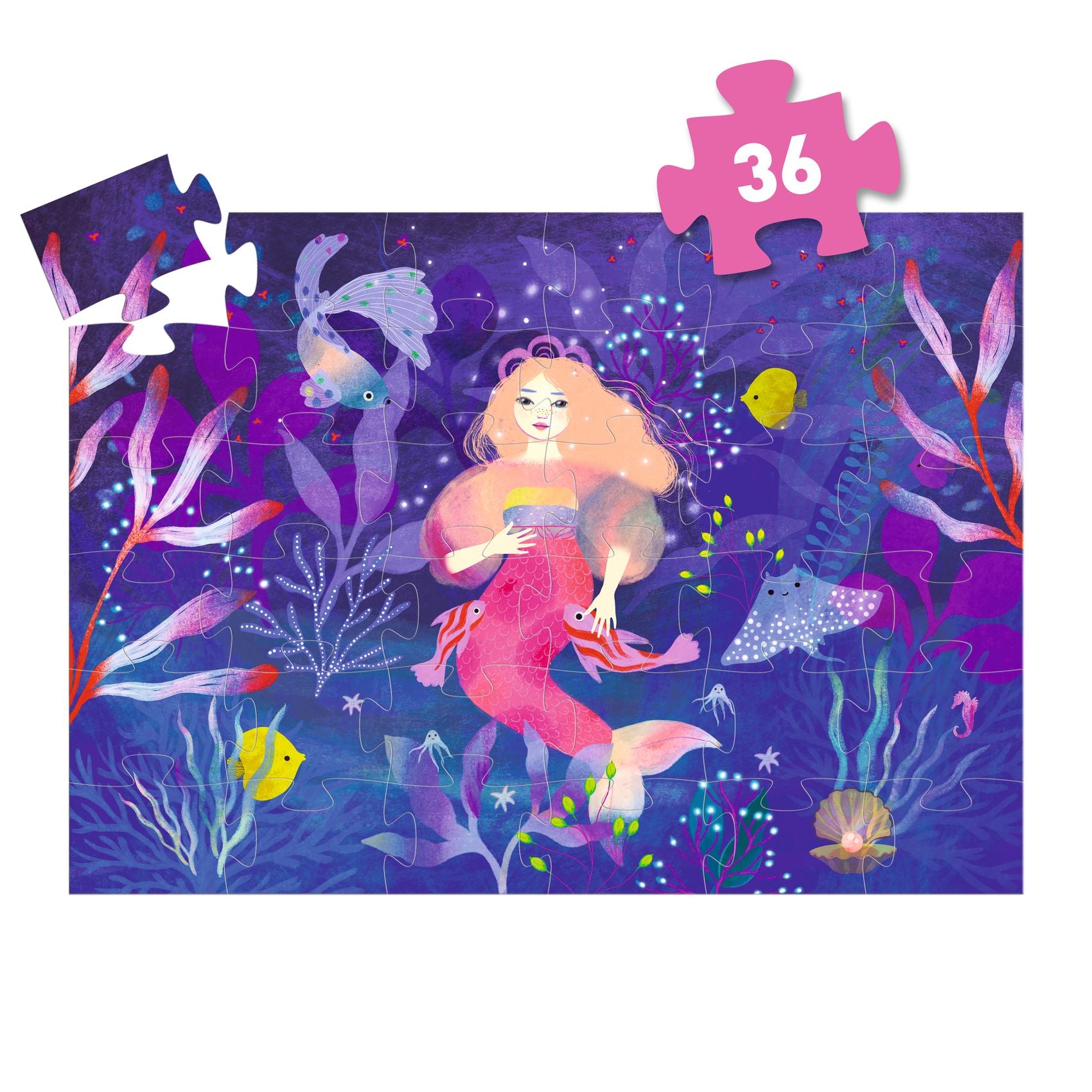 Jigsaw puzzle with a mermaid design on a purple background