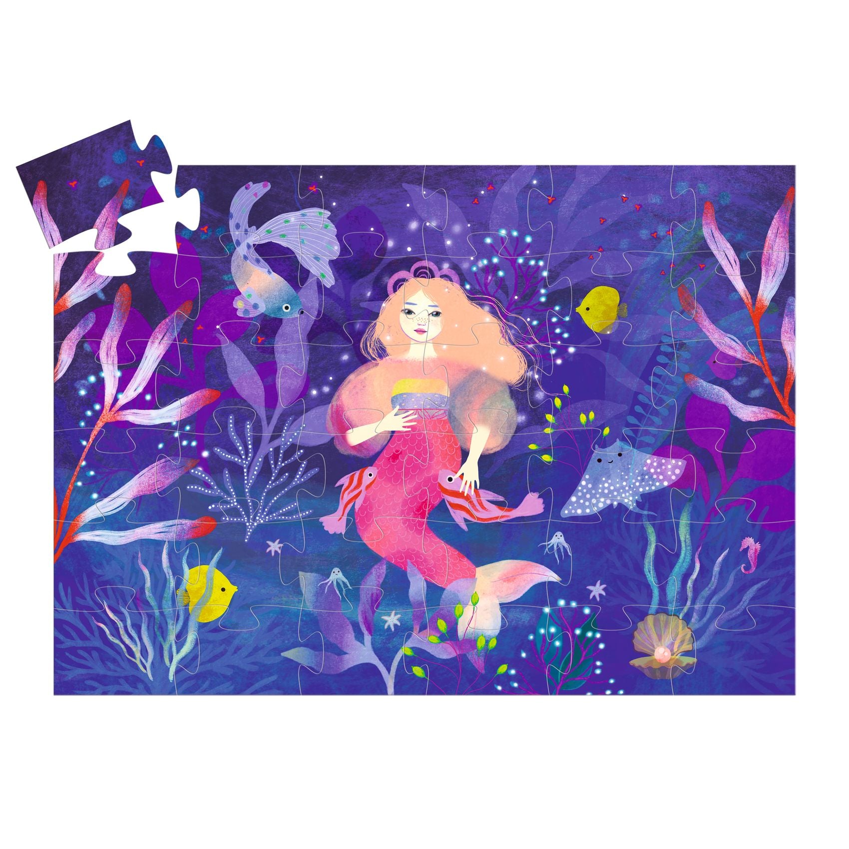 Jigsaw puzzle with a mermaid design on a purple background