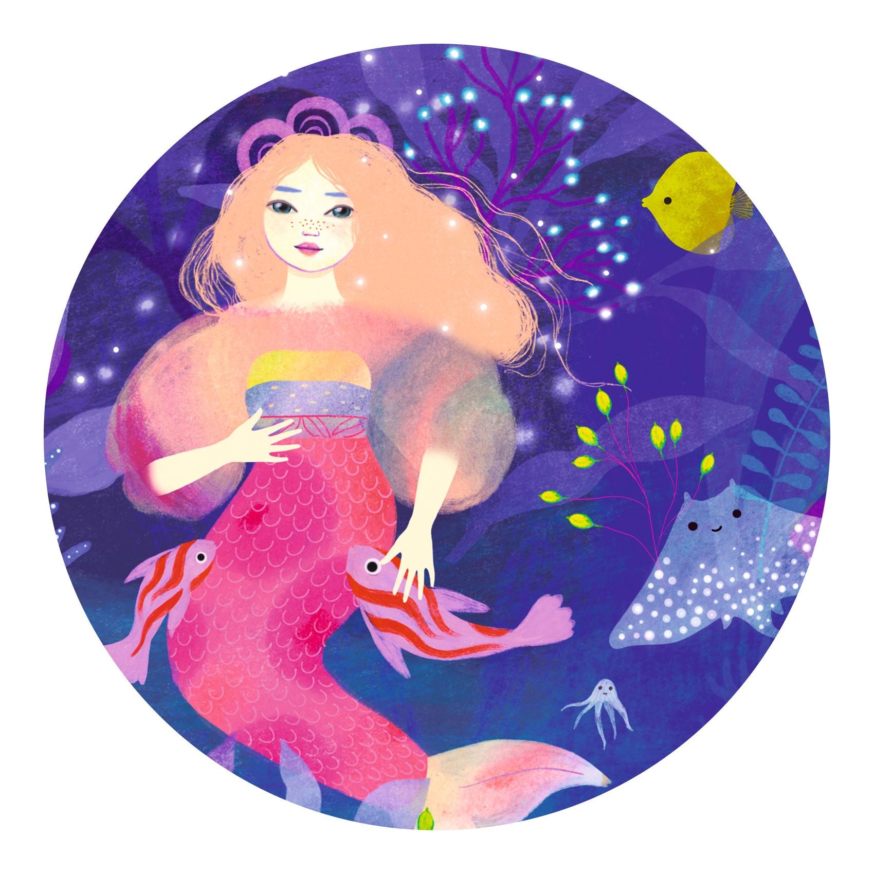 Illustration of a mermaid with pink hair and tail in an underwater scene with fish and plants.