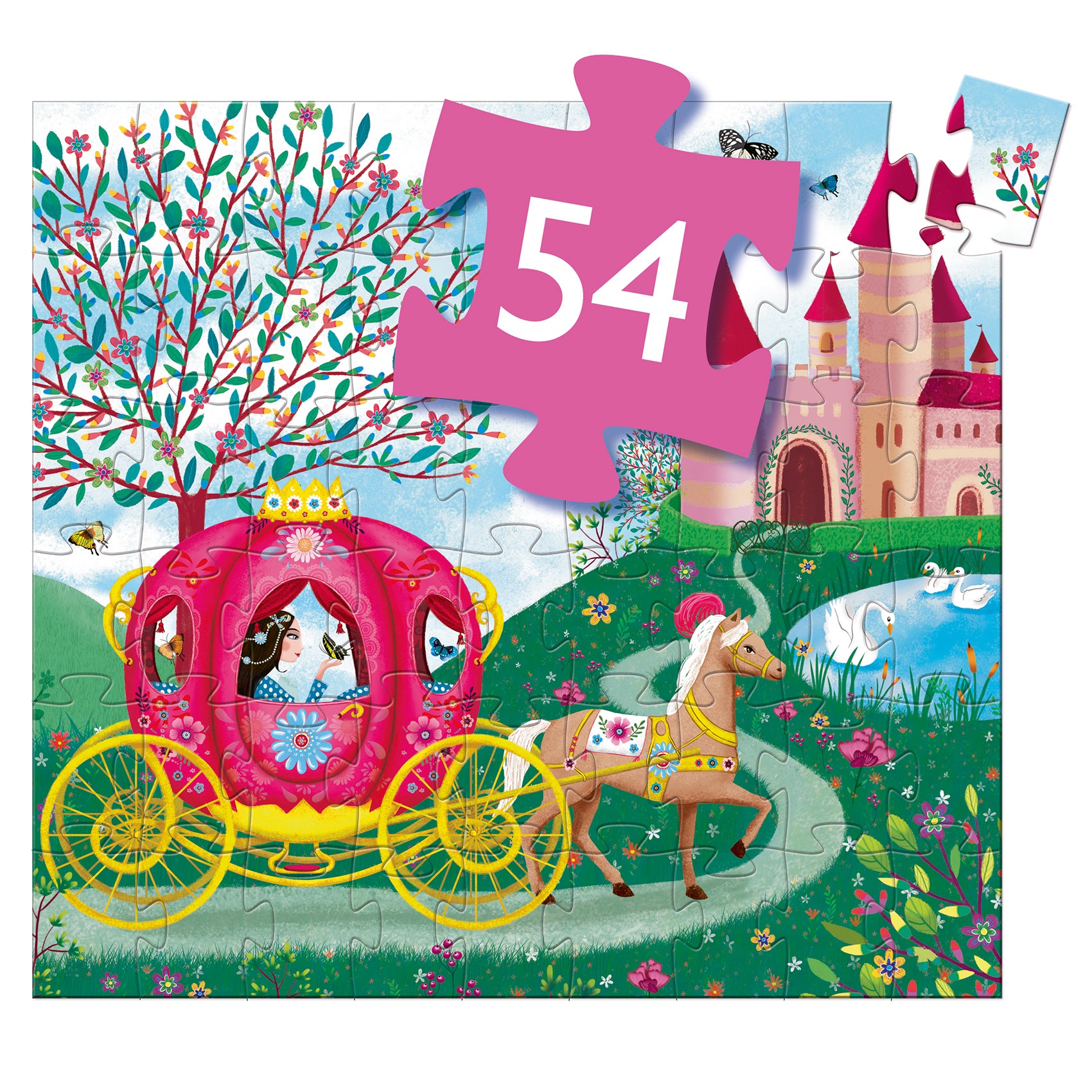 Jigsaw puzzle with a fairy tale scene featuring a princess in a carriage, castle, and trees.