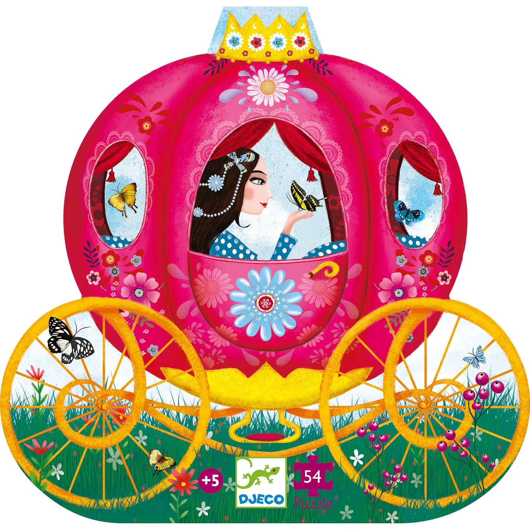 Pink fairy tale carriage with princess design and butterflies on a white background